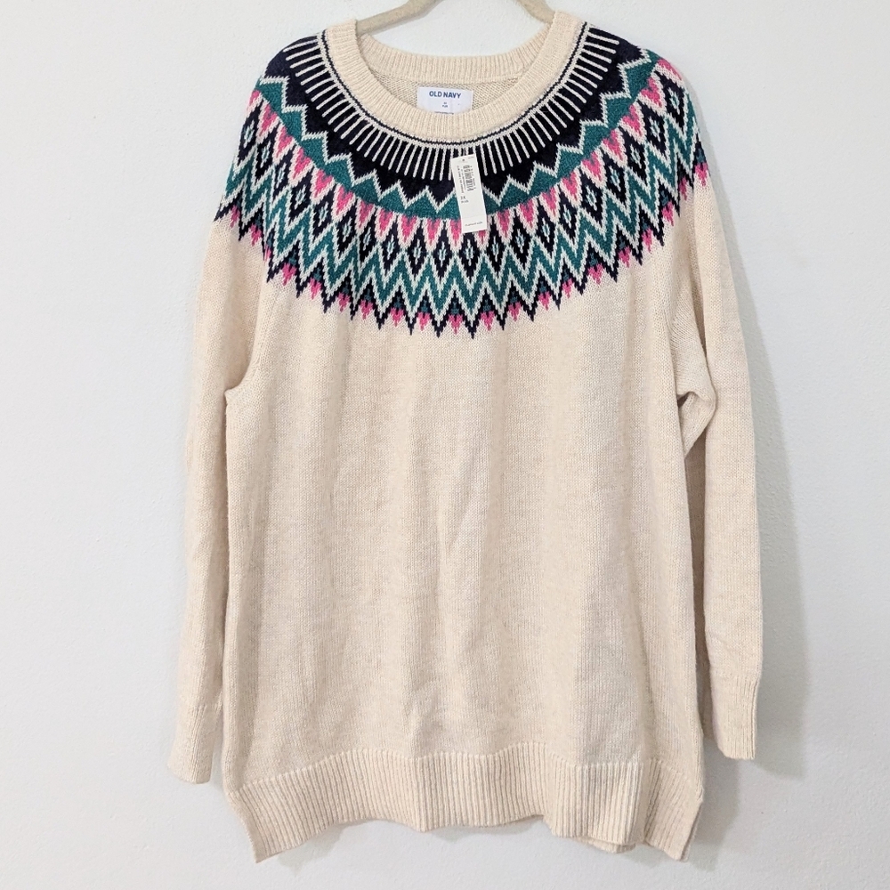 Old Navy NWT Fair Isle Knit Sweater Pullover Crewneck Beige Blue Pink 2X